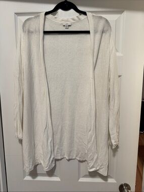 📌JJill LP White Open-Front Linen Blend Fringed Cuff Cardigan